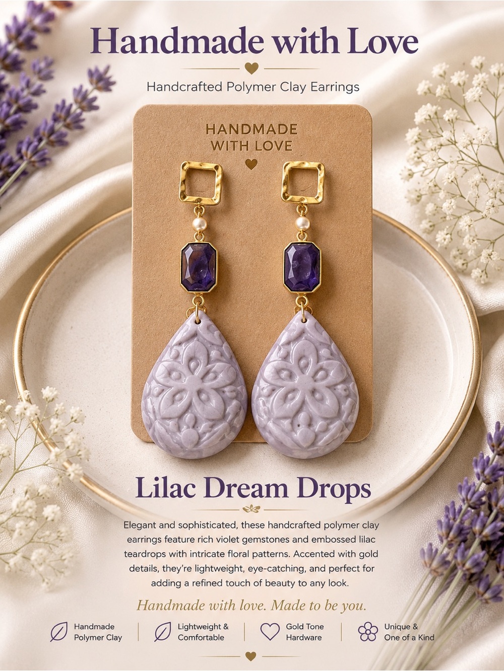 Handmade Lilac Dream Drops Earrings - Gold Tone Accents
